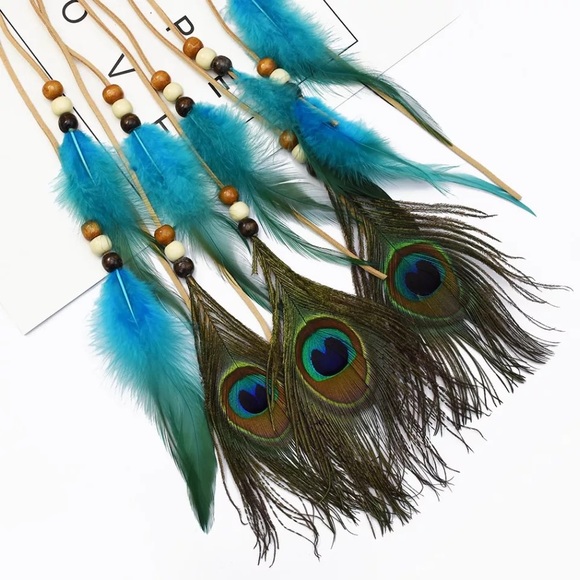 Boho Peacock & Blue Feather Dreamcatcher Headdress - Picture 3 of 11